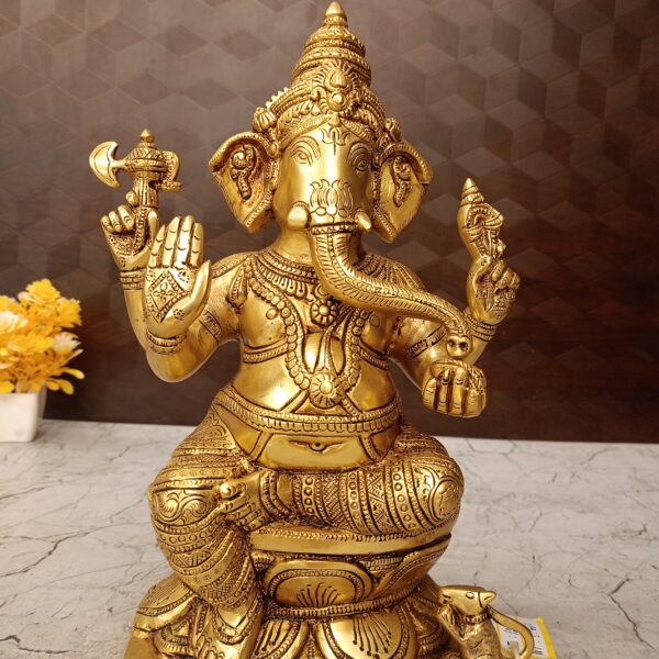 Brass Ganesha Sitting On Base / Removal of Obstacles and Success in Endeavors 12"