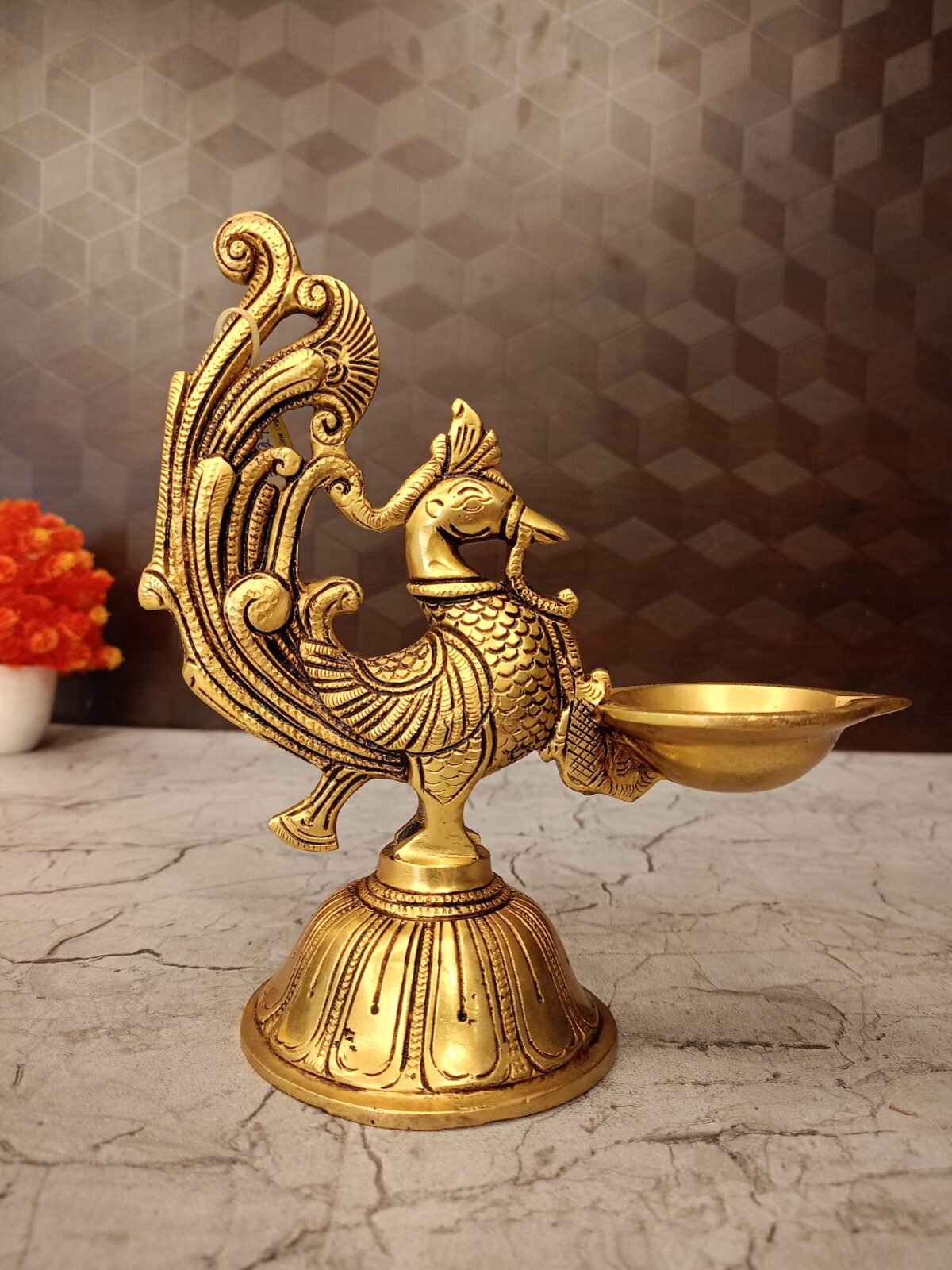 brass peacock holding diya pooja gift vgocart coimbatore india scaled