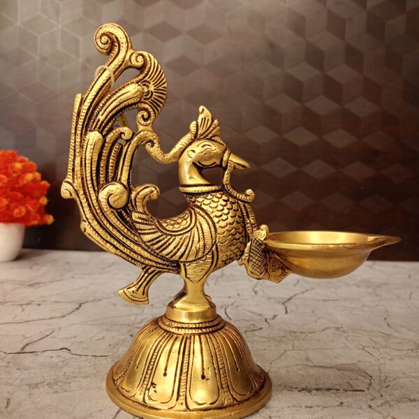 Brass Peacock Holding Diya For Pooja 8"