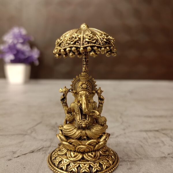 Brass Fine art Lotus Ganesha with an Umberalla