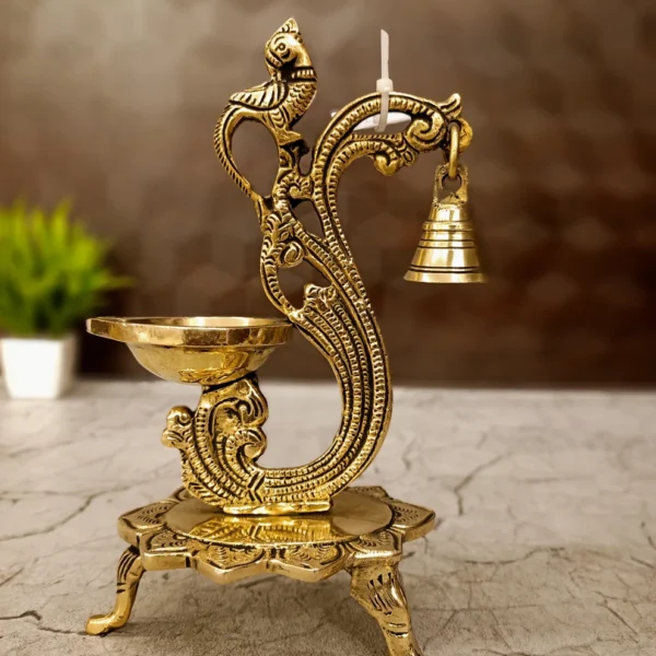 brass-single-face-diya-designer-base-with-bell-pooja-antique-vgocart-coimbatore