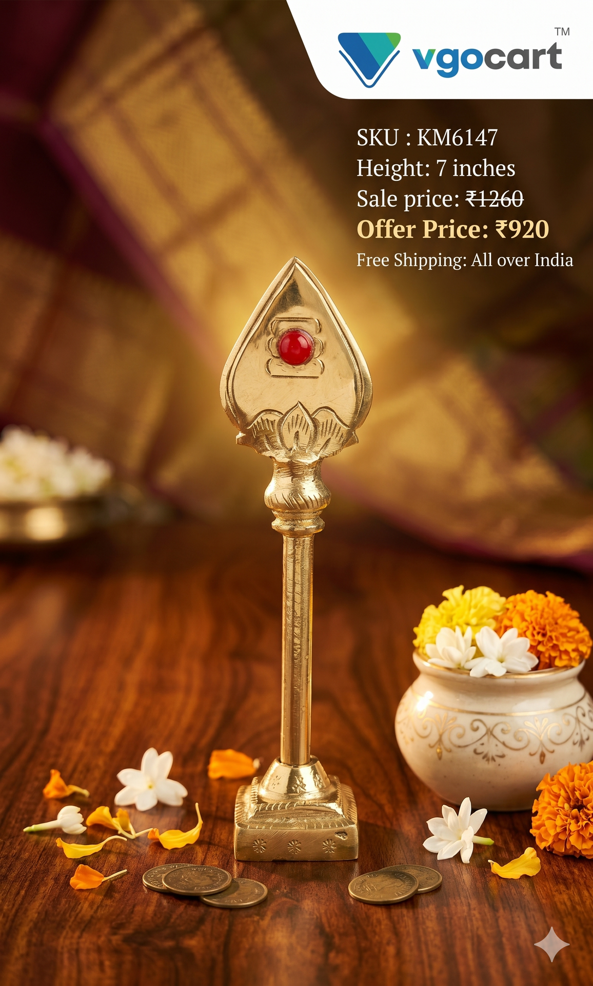 brass murugan vel with red stone 7 inch brass murugan vel with red stone 7 inch