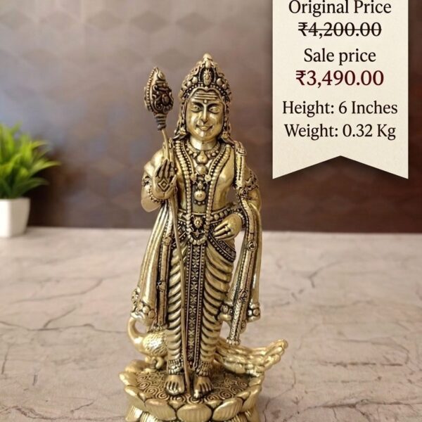 Handcrafted Brass Murugan Idol on Lotus 6 Inch