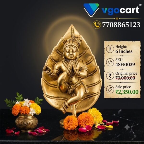 Handcrafted Brass Leaf Krishna Idol 6 Inch