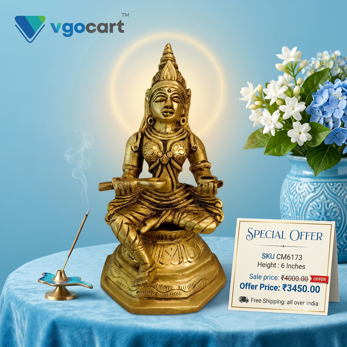 brass-anna-poorani-idol-pooja-gift-vgocart-coimbatore-india-CM6173 Brass Annapoorani Idol 6" - Image 1