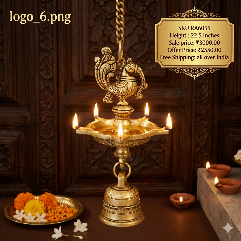 brass-annam-hanging-diya-pooja-gift-vgocart-coimbatore-india Brass Five Face Hanging Diya With Bell - 22.5'' - Image 1