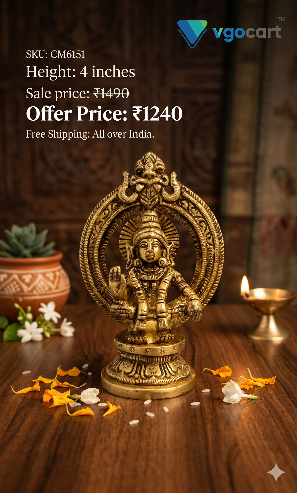 brass-ayyapan-idol-pooja-gift-vgocart-coimbatore-india-cm6151 Brass Small Ayyappan 4'' - Image 1
