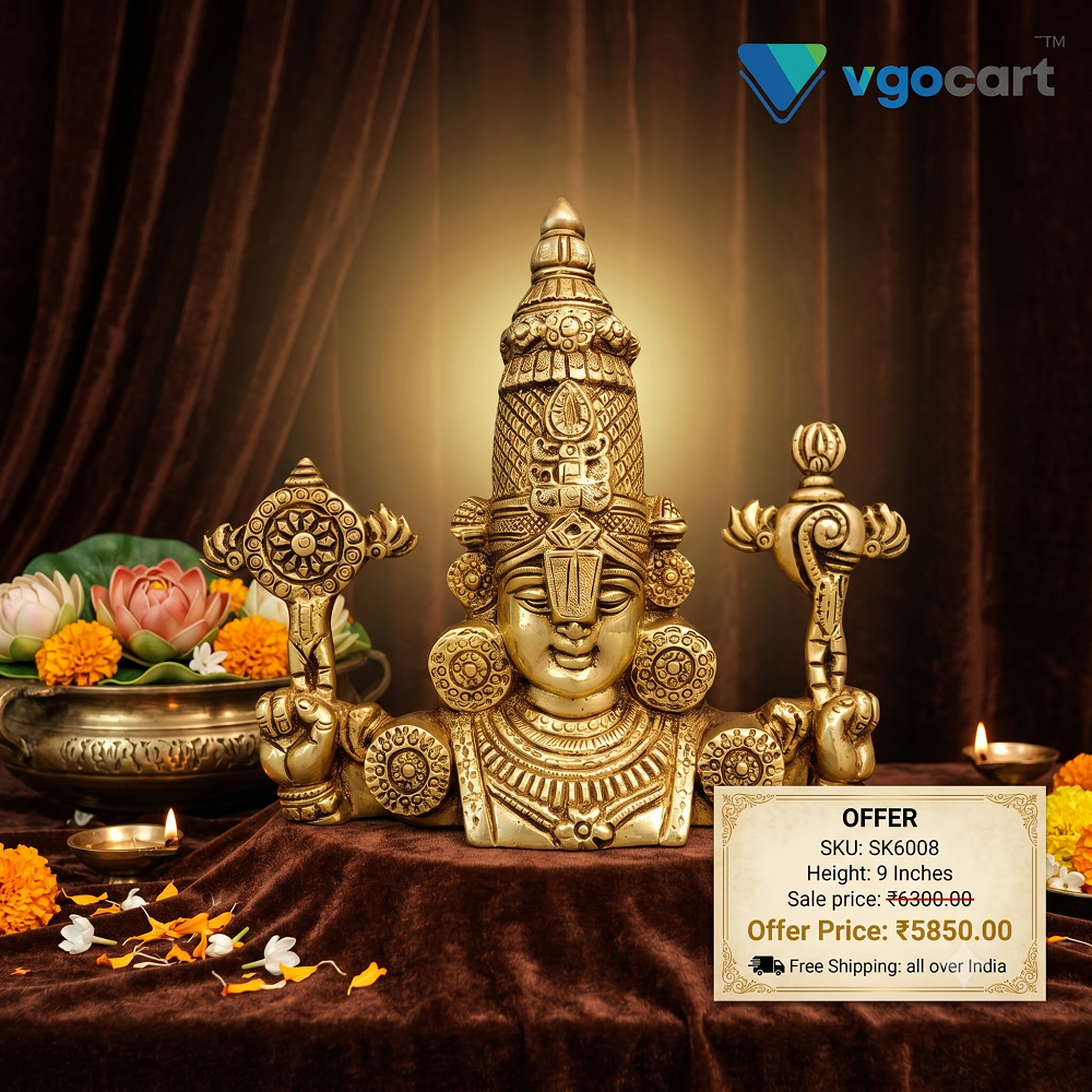 brass-balaji-wall-mount-pooja-gift-antique-handicraft-home-decor-SK6008 Brass Balaji Sangu Chakra Wall Mount - 9'' - Image 1