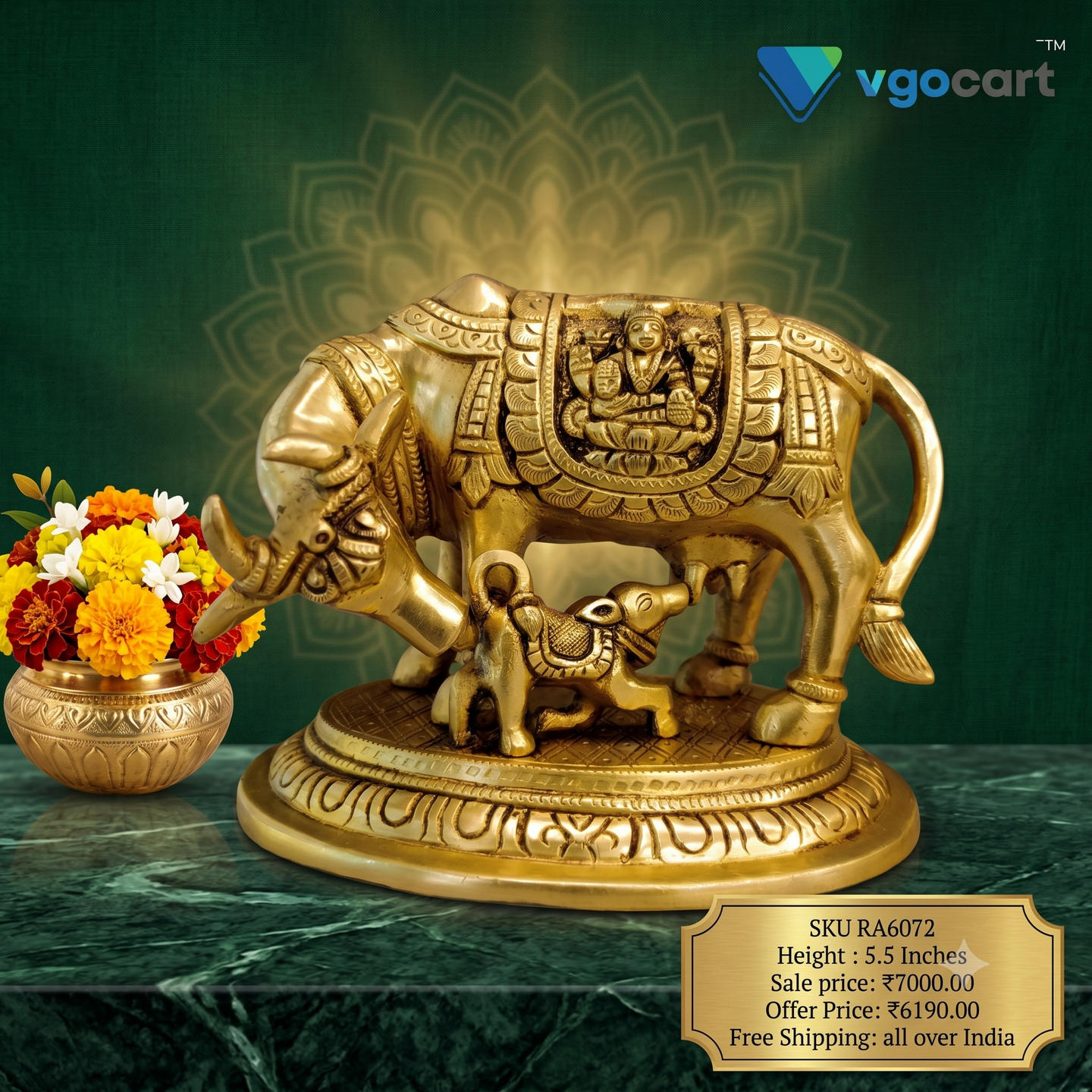 brass-cow-and-calf-pooja-gift-vgocart-coimbatore-india-RA6072 Brass Cow And Calf Idol With Ganesha Lakshmi 5.5'' - Image 1