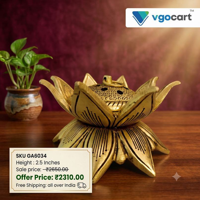 brass-dhoop-holder-pooja-gift-vgocart-coimbatore-india-GA6034 Brass Lotus Dhoop Holder 2.5" - Image 1