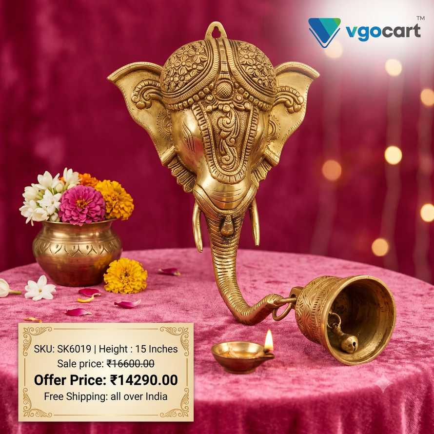 brass-elephant-head-wall-mount-pooja-gift-vgocart-coimbatore-india-SK6019 Brass Elephant Head With Bell Wall Mount 15" - Image 1
