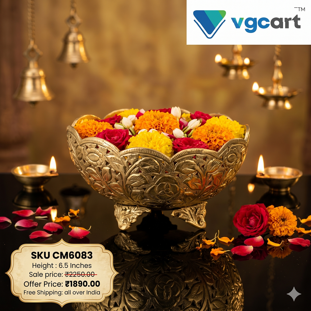 brass-flower-pot-pooja-gift-vgocart-coimbatore-india 2.jpg2 Brass Flower Bowl Oval Small 6.5'' - Image 1