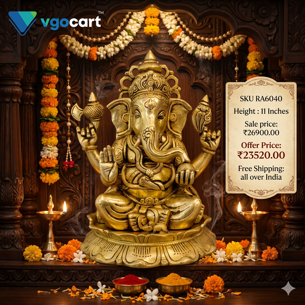 brass-ganesha-idol-pooja-gift-vgocart-=coimbatore-india-ra6040-1 Brass Ganesha On Lotus Base -11'' - Image 1
