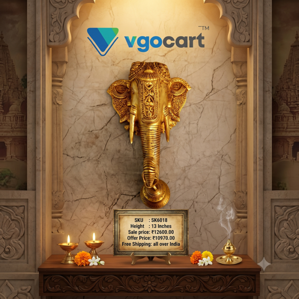 Brass Elephant Head With Bell Wall Mount - 13''