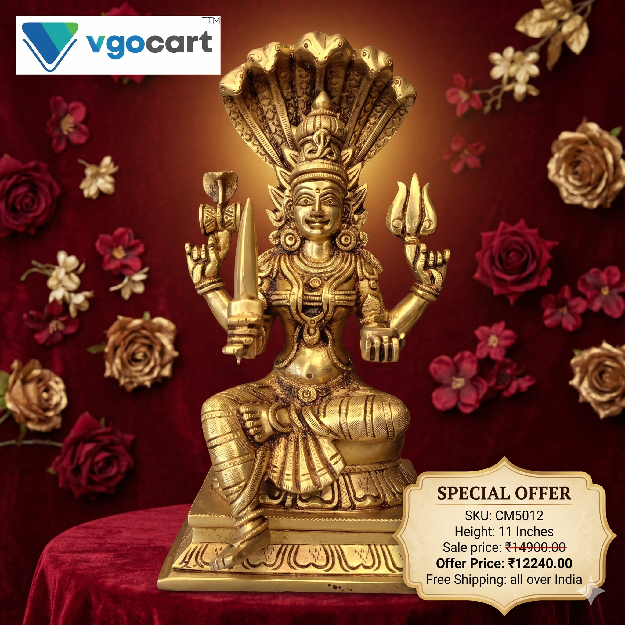 brass-karumari-amman-idol-pooja-gift-vgocart-coimbatore-india-cm5012 Brass Karumariamman Idol 11'' - Image 1