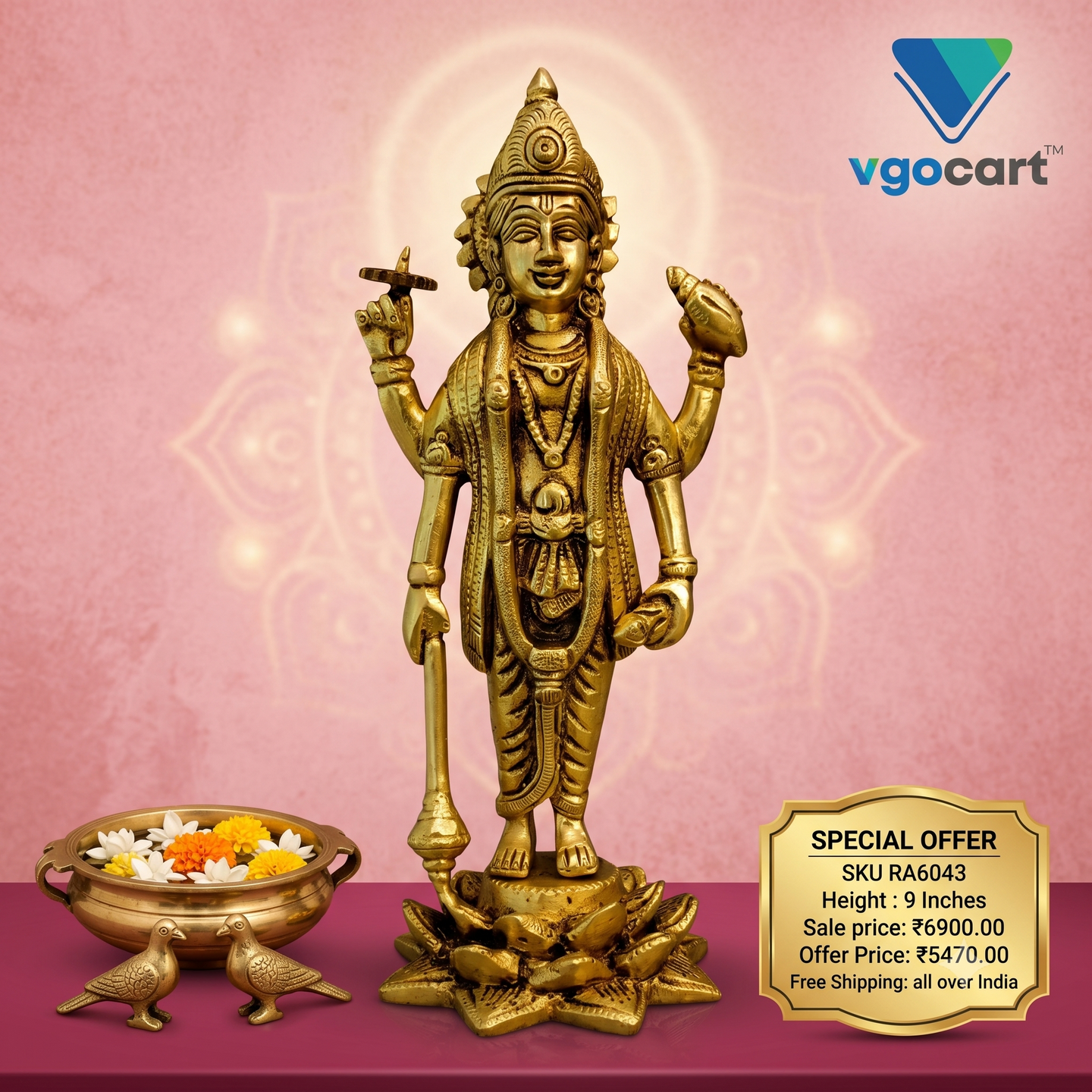brass-lotus-vishnu-idol-pooja-gift-vgocart-coimbatore-india-RA6043 Brass Vishnu Standing On Lotus Idol 9" - Image 1