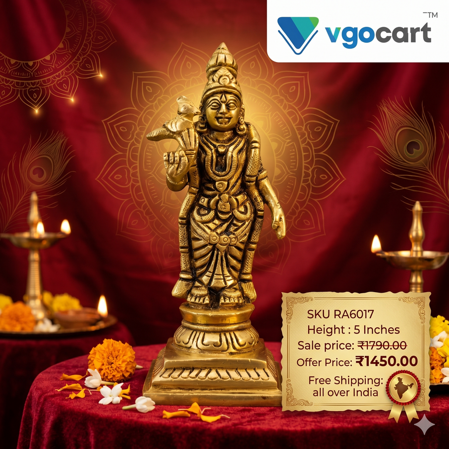 brass-meenakshi-amman-idol-pooja-gift-vgocart-coimbatore-india-RA6017 Brass Meenaktchi Amman - 5" - Image 1