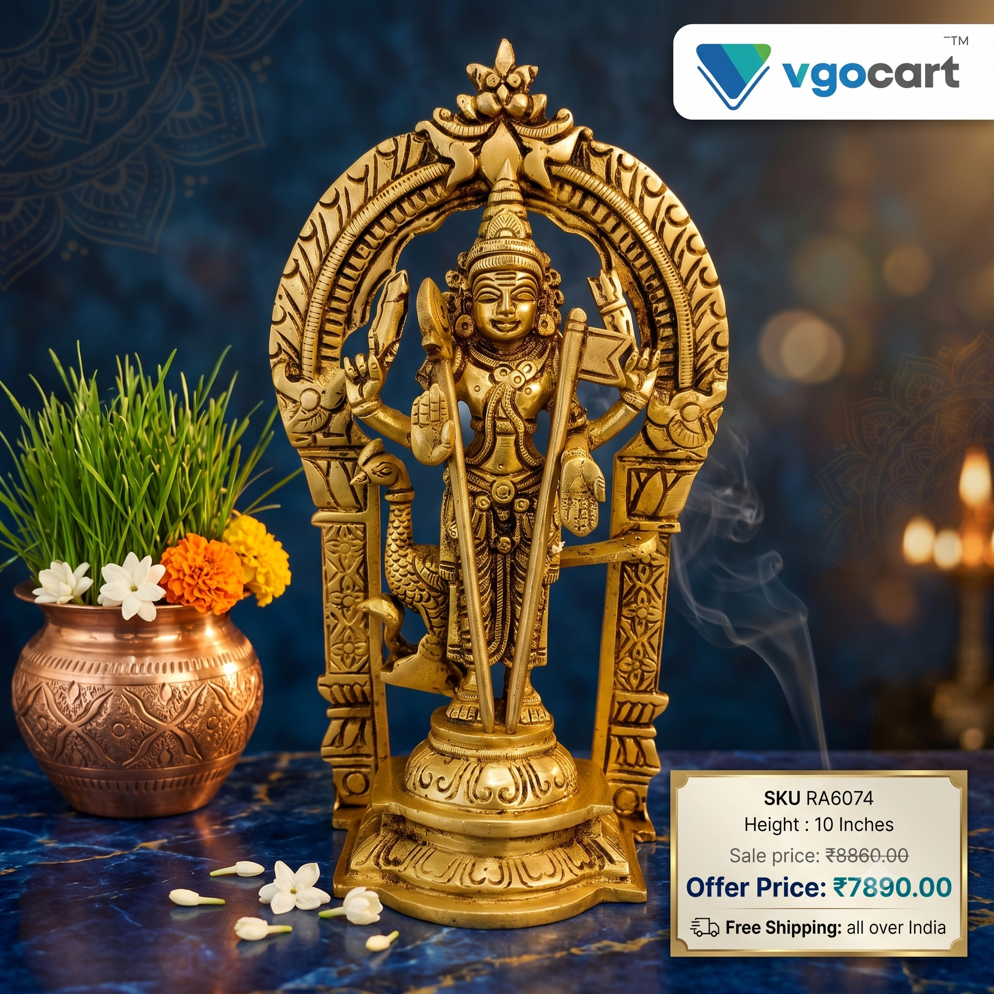 brass-murugan-idol-pooja-gift-vgocart-coimbatore-india-ra6074-1 Brass Thiruchendoor Murugan With Thiruvachi - 10'' - Image 1