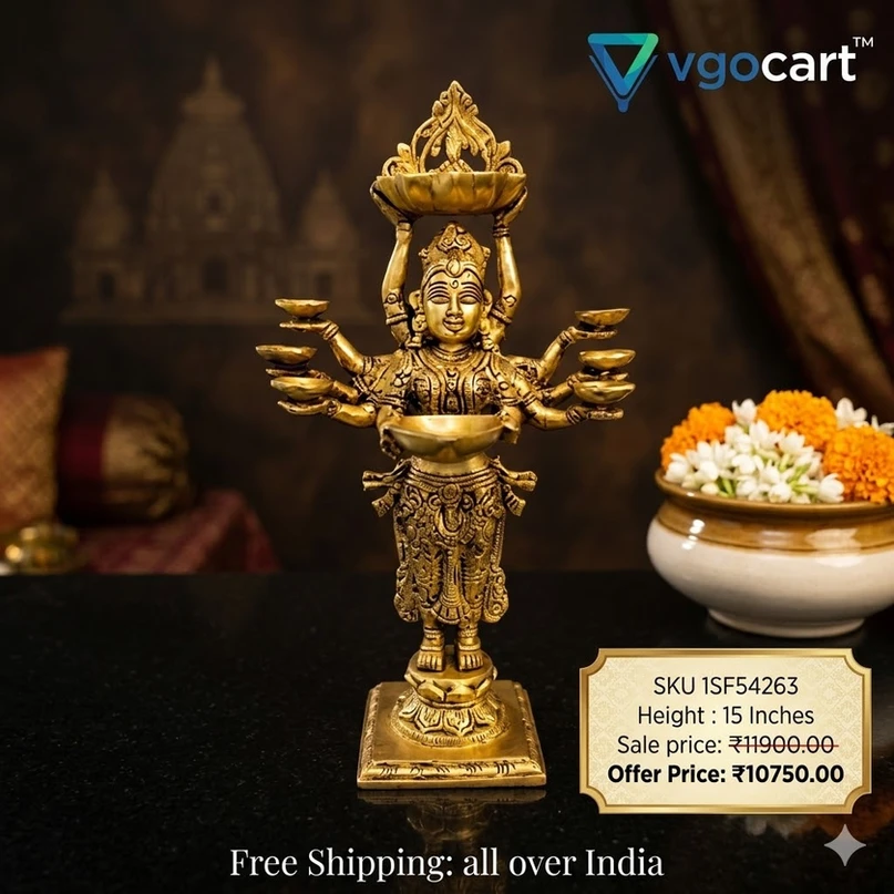 brass-paavai-diya-home-decor-pooja-vgocart-coimbatore-india-1SF54263 Brass 10 Hands Paavai Diya Idol 15'' - Image 1