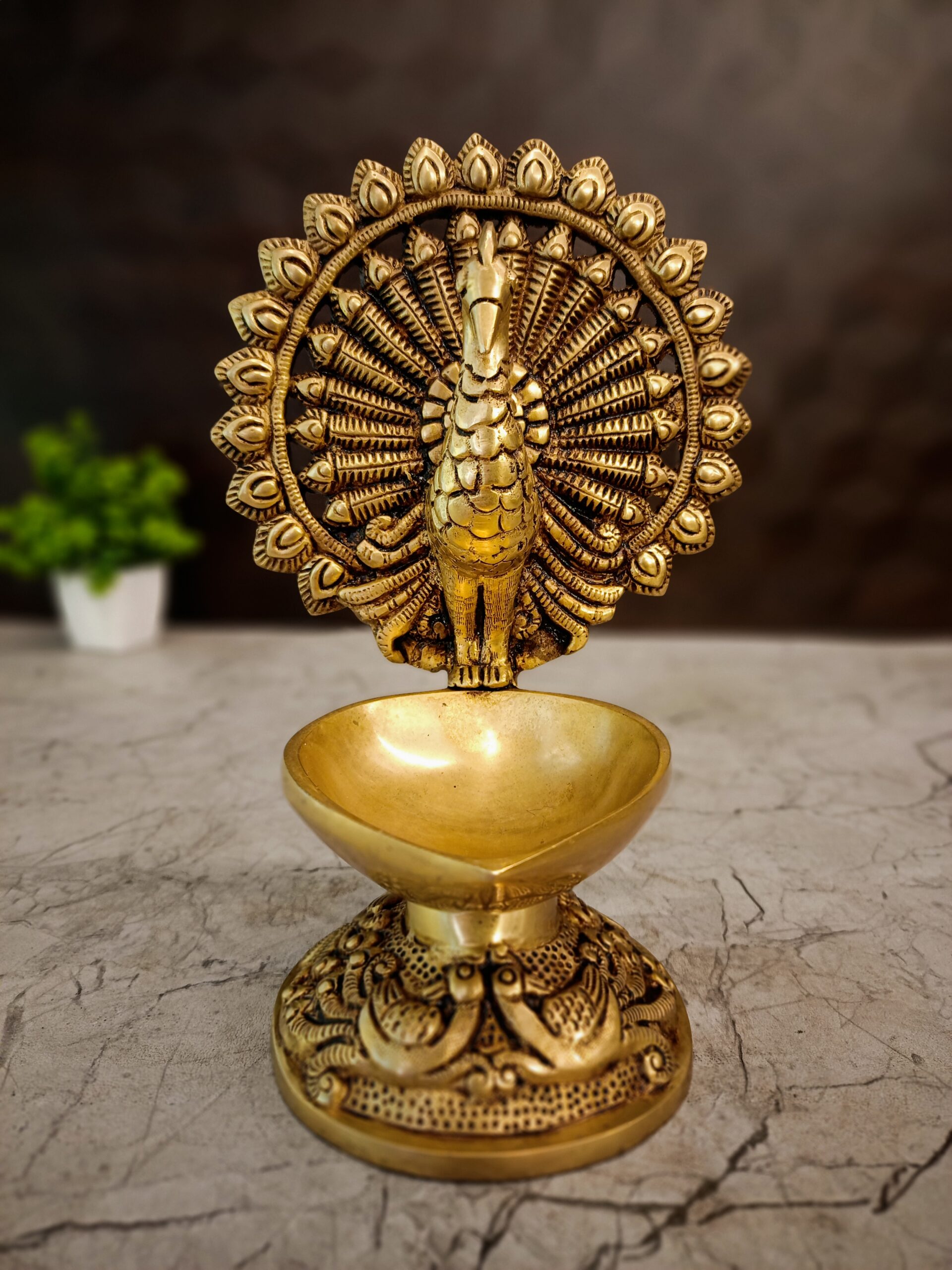 oplus_1072 Brass Single Face Peacock Diya - 9'' - Image 1