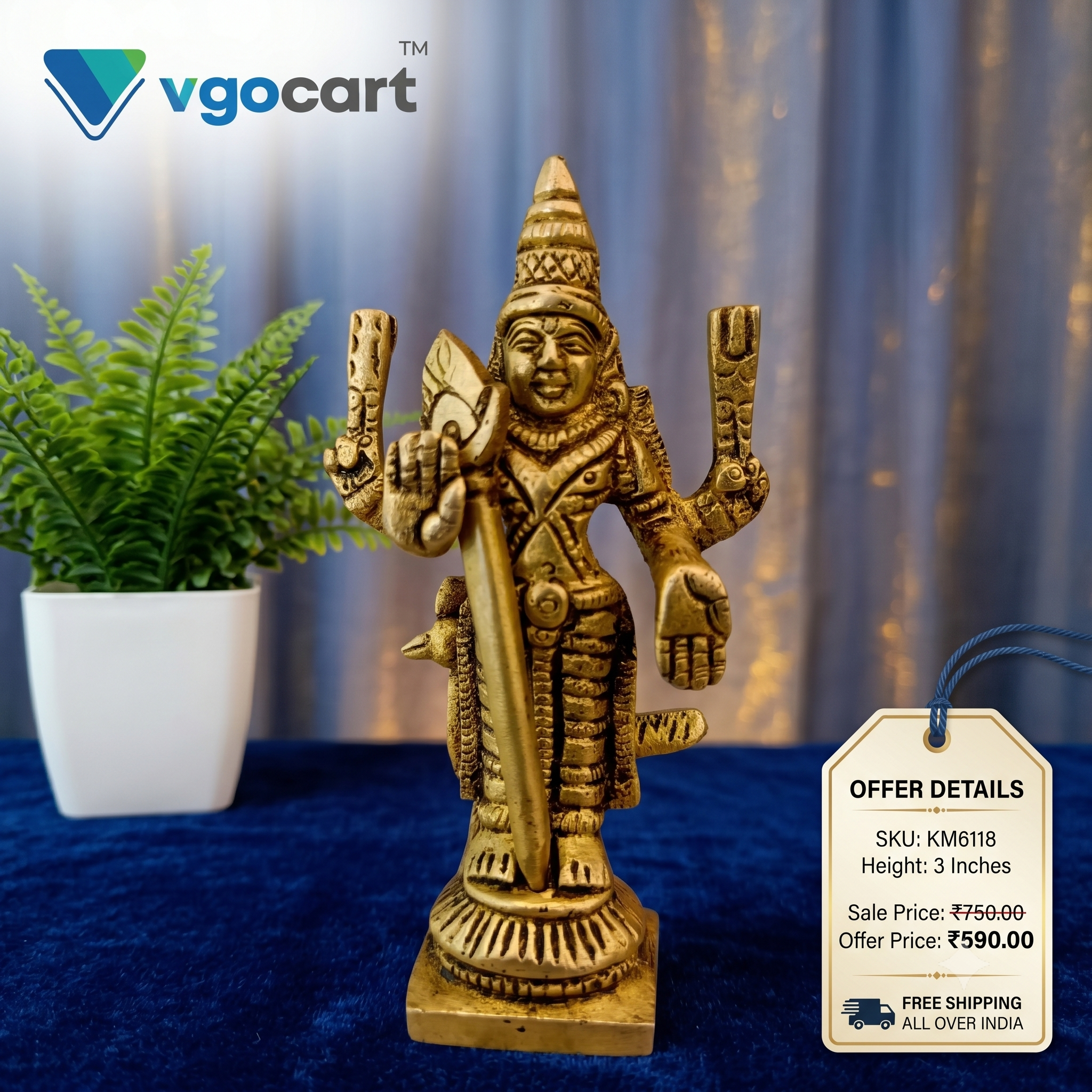 brass-peacock-murugan-idol-pooja-gift-vgocart-coimbatore-india-km6118-4 Brass Small Murugan Idol 3'' - Image 1