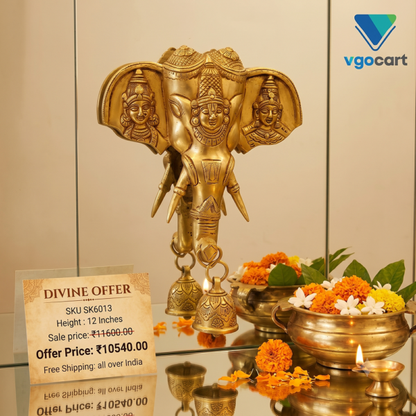 Brass Elephant Face With Perumal Wall Mount - 12''