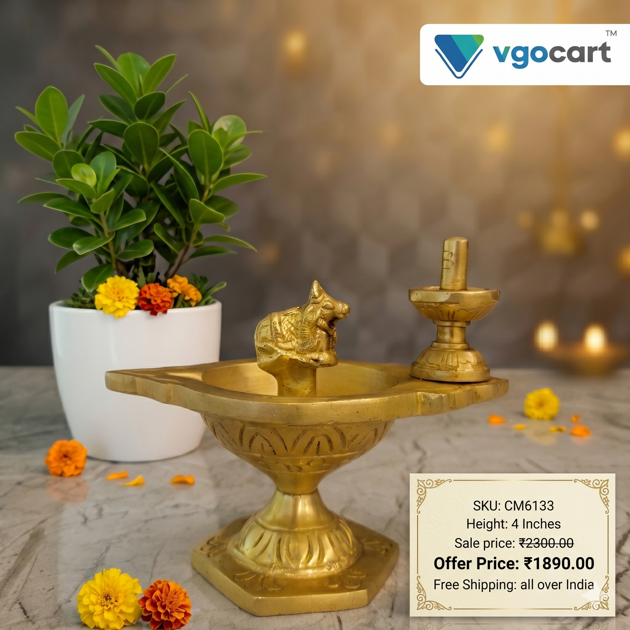 brass-pradhosha-diya-vgocart-coimbatore-india-CM6133 Brass Pradosha diya 4'' - Image 1