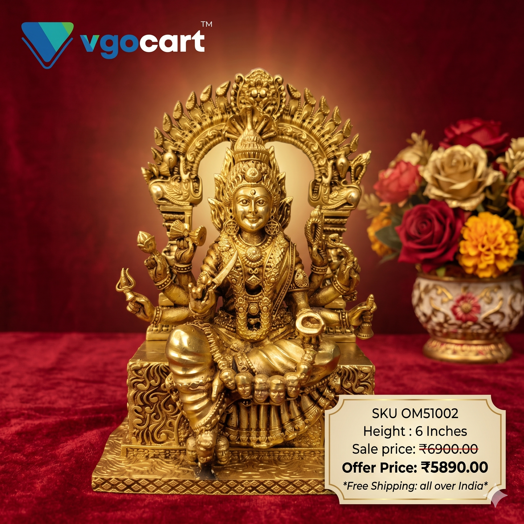 brass-samayapuura-maariyamman-idol-pooja-gift-coimbatore-india -OM51002 Brass FineArt Samayapuram Mariamman 6'' - Image 1