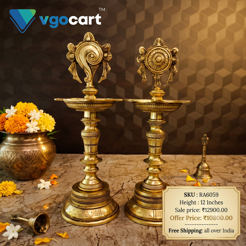 brass-sangu-chakra-diya-vgocart-coimbatore-RA6059 Brass Sangu Chakra Kuthuvilakku 12" - Image 1