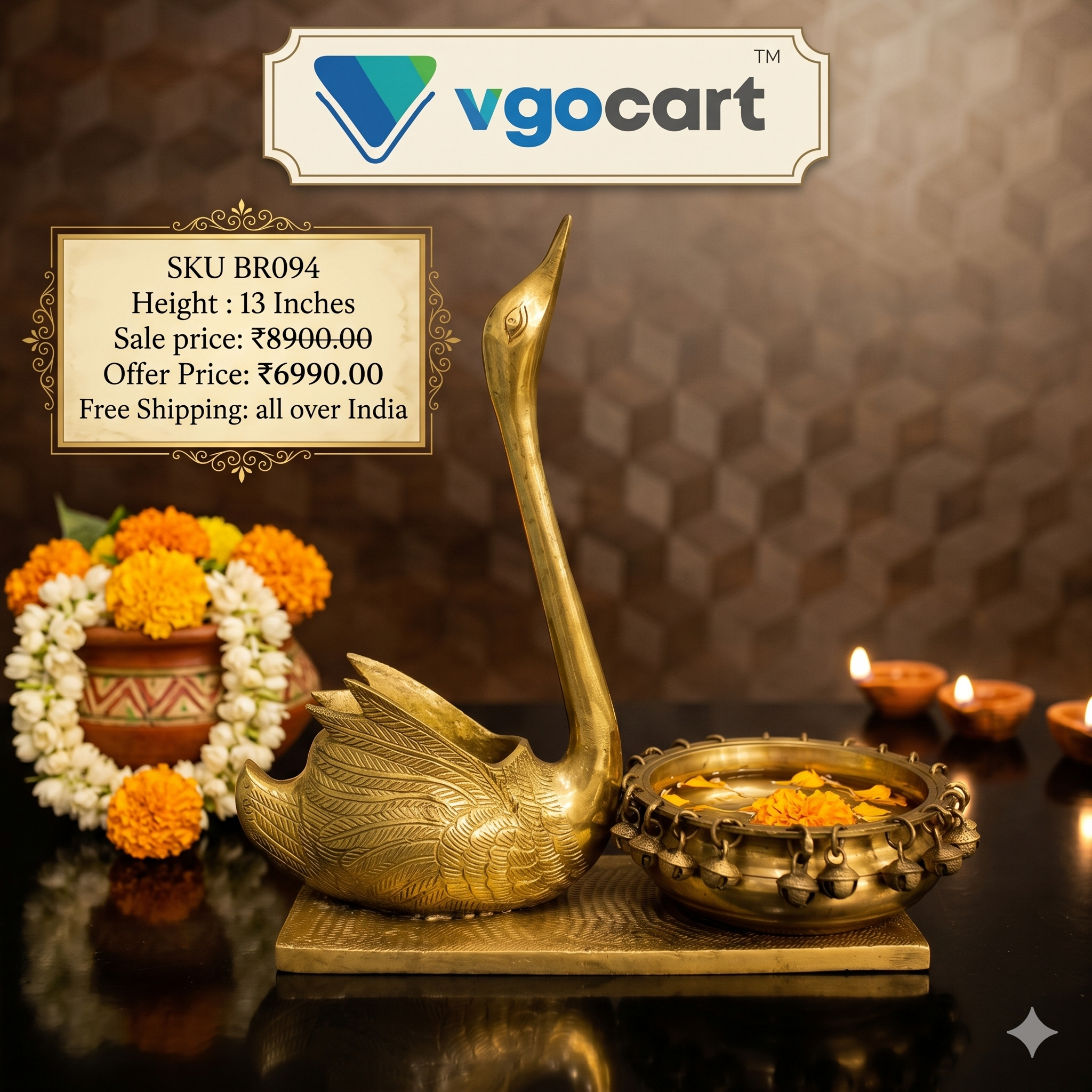 brass-swan-uruli-pooja-gift-vgocart-coimbatore-india-BR094 Brass Swan Uruli 13'' - Image 1