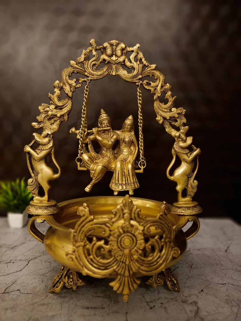brass-swing-radha-krishna-uruli-pooja-gift-vgocart-coimbatore-india-SB5502 Brass Radha Krishna Uruli Golden Finish 20'' - Image 1